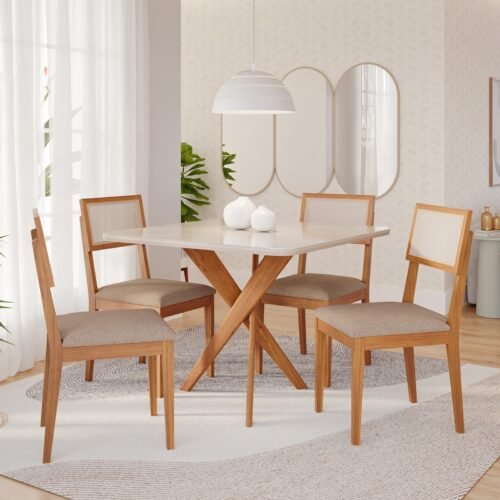 Mesa Cacau 95 (C/Vidro) Madeira/Off White com 4 Cadeiras Encanto Linho Bege – CIMOL