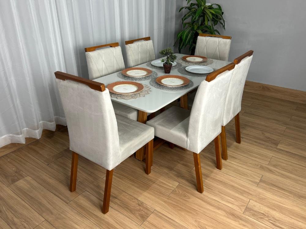 Mesa de Jantar Bali 1.60×0.80 Com 6 Cadeiras Isa – Cinamomo/Off White/Bege Veludo - Imagem 2