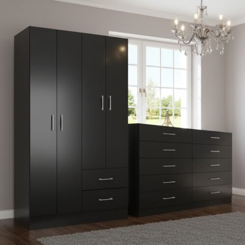 Guarda-Roupa 4 Portas Panamá 4002 + Cômoda 10 Gavetas Caribe Preto – FELLICCI