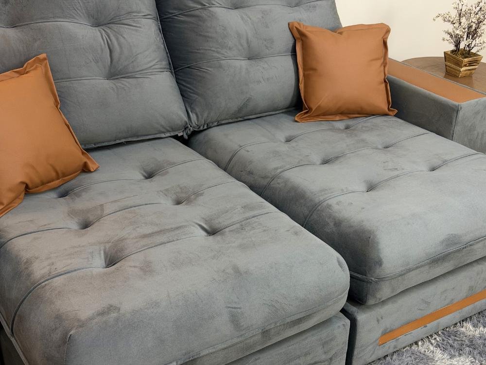 Sofá Retrátil e Reclinável Apollo Molas Ensacadas 2.50m - Cinza Veludo /Courino Marrom - Imagem 6