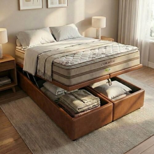 Colchão Queen Dom Hélio VX 32 cm D28 Molas Ensacadas + Base Baú Corino Marrom – ECOTEC + ALTO NÍVEL