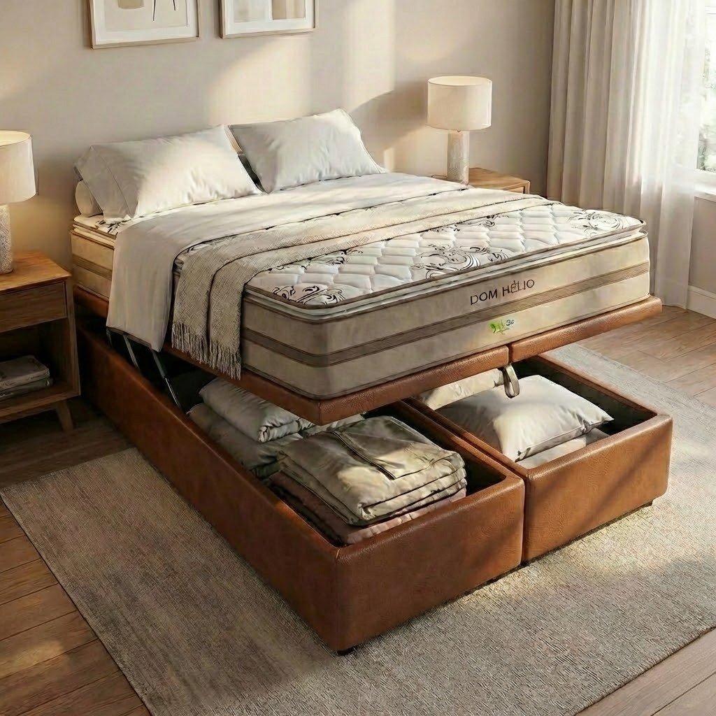 Colchão Queen Dom Hélio VX 32 cm D28 Molas Ensacadas + Base Baú Corino Marrom – ECOTEC + ALTO NÍVEL
