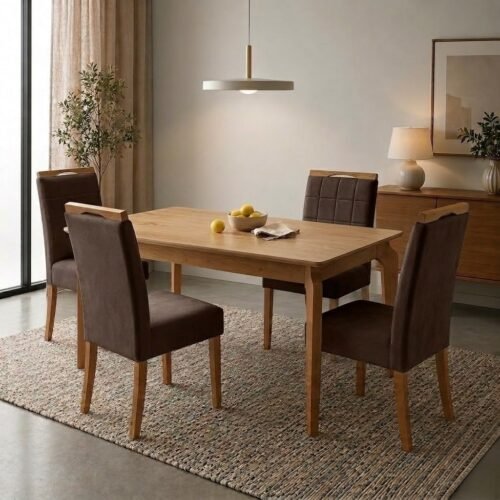 Mesa Atos 120 (Tampo 16 mm) Laminada Mel com 4 Cadeiras Las Vegas Veludo Marrom 17 – VIEIRA DECOR + OURO DECOR