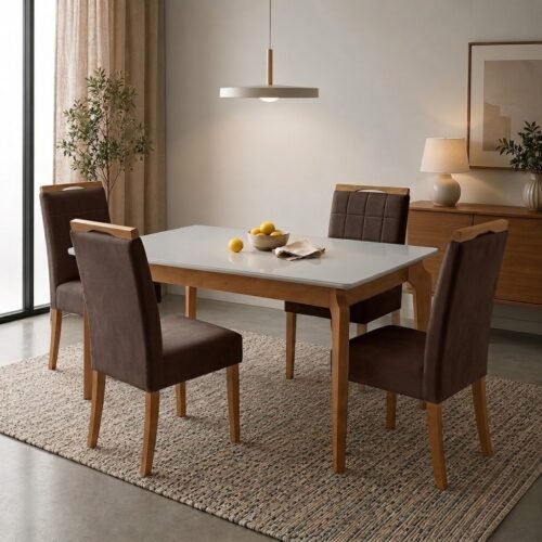 Mesa Atos 120 (Tampo 18 mm) Mel/Off White com 4 Cadeiras Las Vegas Veludo Marrom 17 – VIEIRA DECOR + OURO DECOR