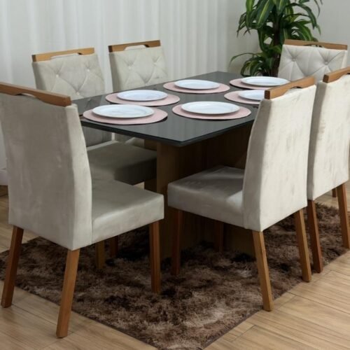 Mesa de Jantar Helo 1.60×0.90 Com 6 Cadeiras Jasmim - Freijó/Preto/Bege Veludo