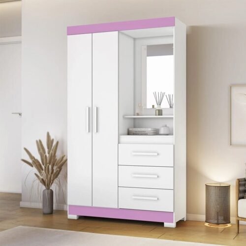 Guarda-roupa Solteiro NT 6020 Branco/Rosa 2 portas 3 Gavetas Flex C/Pés Larg. 1.08m - Notável