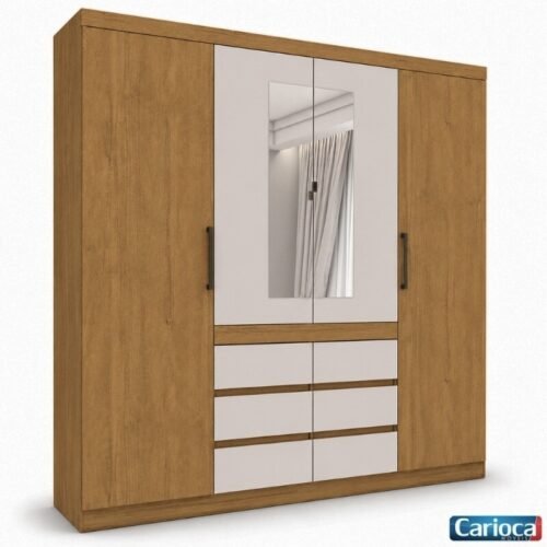 Guarda-roupa Império Larg. 2.00m Cinamomo/Off C/Espelho 4 Portas 6 Gavetas - Carioca