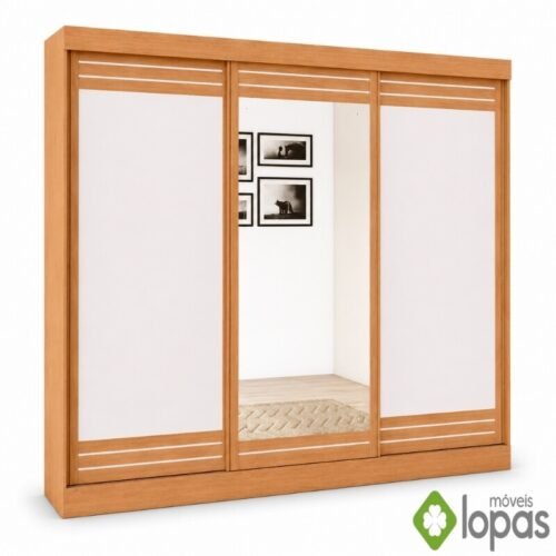 Guarda-roupa Nice Amêndoa Clean/Off White C/Espelho 3 Portas 4 Gavetas Flex Larg. 2.70m - Móveis Lopas