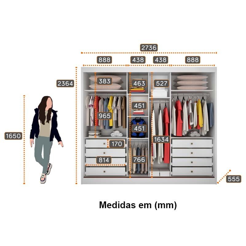 Guarda-roupa Casal Sollo Plus Cumaru/Fendi 3 Portas 8 Gavetas C/ 1 Espelho 100% MDF Larg. 2.73m - Novo Horizonte - Imagem 5