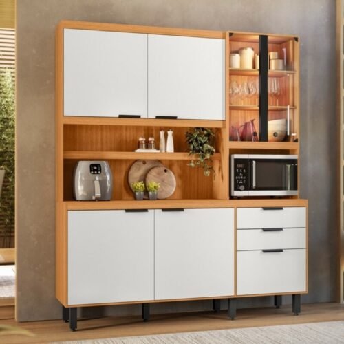 Kit Cozinha Murano Larg. 1.82m Freijó/Off White 7 Portas 2 Gavetas e Iluminação em LED - Poliman