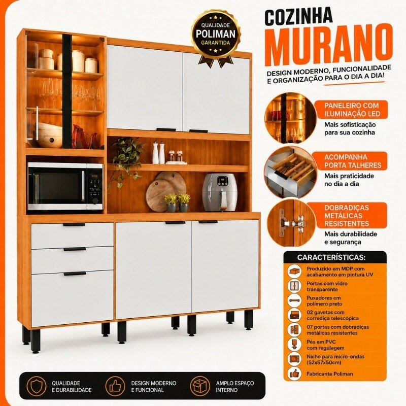 Kit Cozinha Murano Larg. 1.82m Freijó/Off White 7 Portas 2 Gavetas e Iluminação em LED - Poliman - Imagem 5