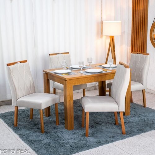 Mesa Athenas 120x80 Amêndoa Clean Tampo Maciço - Móveis Lopas + 4 Cad. Lisboa Veludo Bege 512 Madeira Entregue Montada - Art Assento