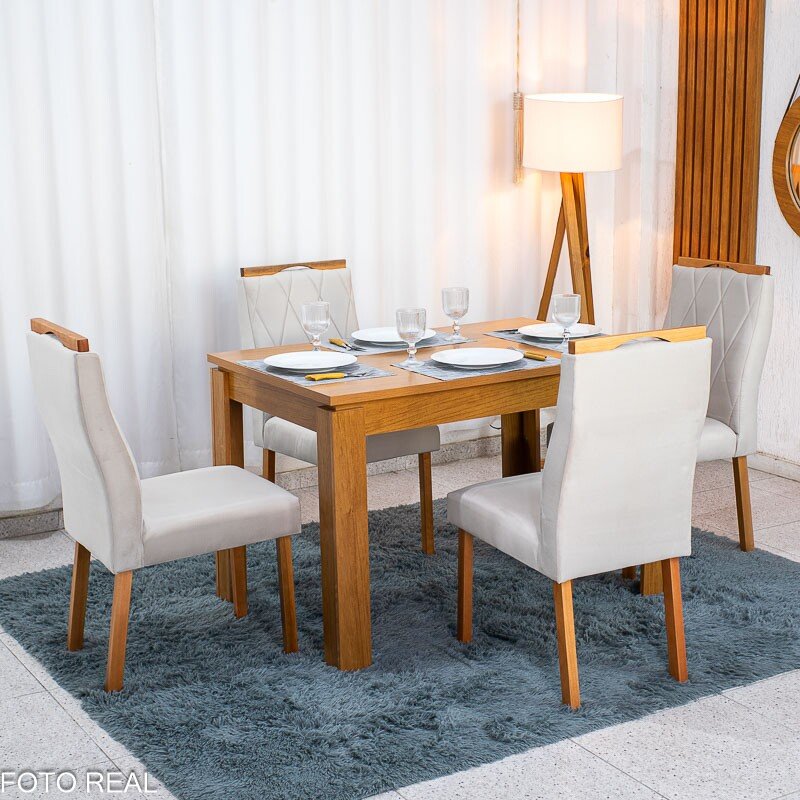 Mesa Athenas 120x80 Amêndoa Clean Tampo Maciço - Móveis Lopas + 4 Cad. Lisboa Veludo Bege 512 Madeira Entregue Montada - Art Assento - Imagem 3