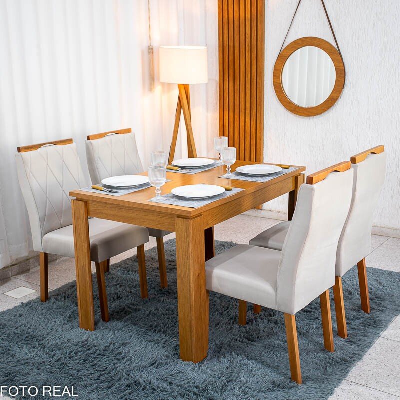 Mesa Athenas 120x80 Amêndoa Clean Tampo Maciço - Móveis Lopas + 4 Cad. Lisboa Veludo Bege 512 Madeira Entregue Montada - Art Assento - Imagem 4