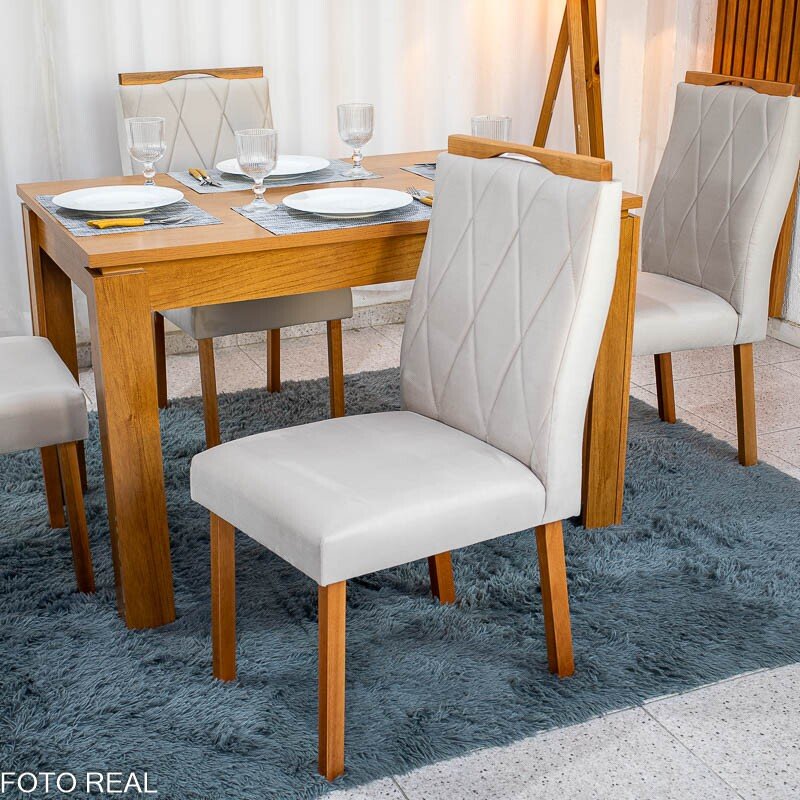 Mesa Athenas 120x80 Amêndoa Clean Tampo Maciço - Móveis Lopas + 4 Cad. Lisboa Veludo Bege 512 Madeira Entregue Montada - Art Assento - Imagem 5