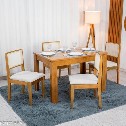 Mesa Athenas 120x80 Amêndoa Clean Tampo Maciço - Móveis Lopas + 4 Cad. Cantiga Boucle Bege Madeira Maciça - Bechara