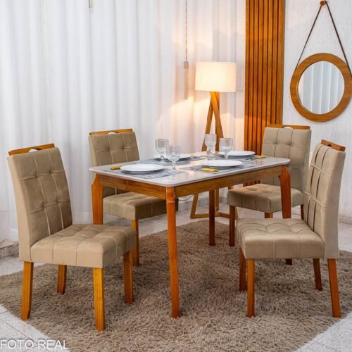 Mesa de Jantar Alegra Tampo Vidro Off 120×80 Madeira Maciça - JCM + 4 Cad. Londres Veludo Avelã Madeira Minas Plac - Entregue Montada