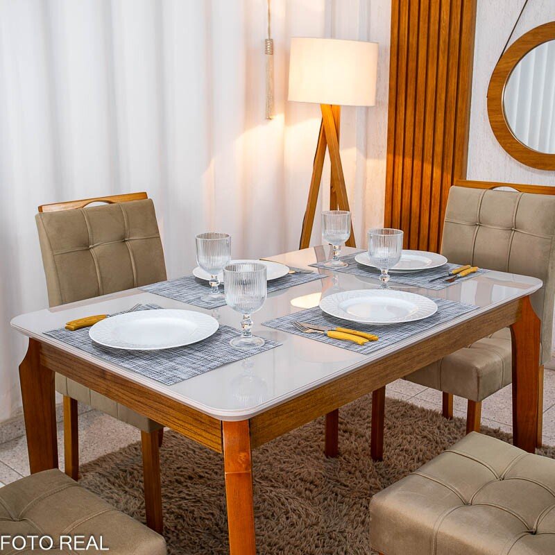 Mesa de Jantar Alegra Tampo Vidro Off 120×80 Madeira Maciça - JCM + 4 Cad. Londres Veludo Avelã Madeira Minas Plac - Entregue Montada - Imagem 2