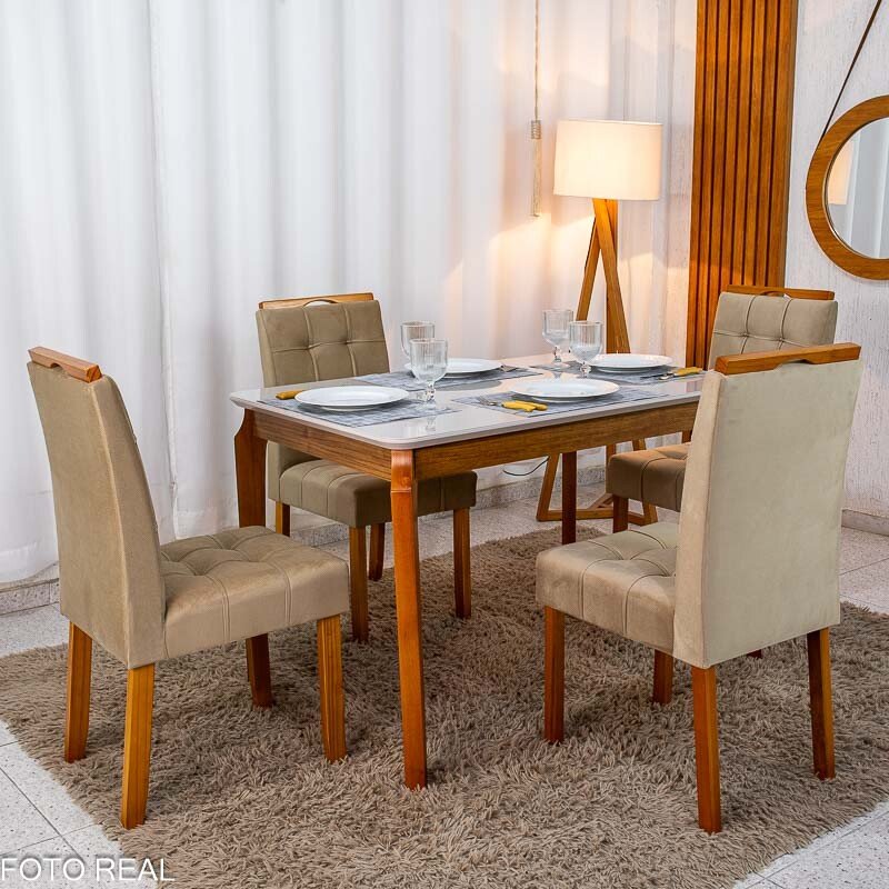 Mesa de Jantar Alegra Tampo Vidro Off 120×80 Madeira Maciça - JCM + 4 Cad. Londres Veludo Avelã Madeira Minas Plac - Entregue Montada - Imagem 3