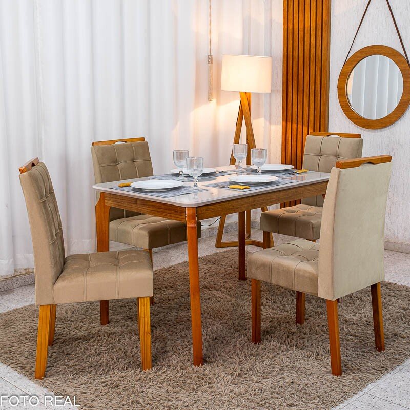 Mesa de Jantar Alegra Tampo Vidro Off 120×80 Madeira Maciça - JCM + 4 Cad. Londres Veludo Avelã Madeira Minas Plac - Entregue Montada - Imagem 4