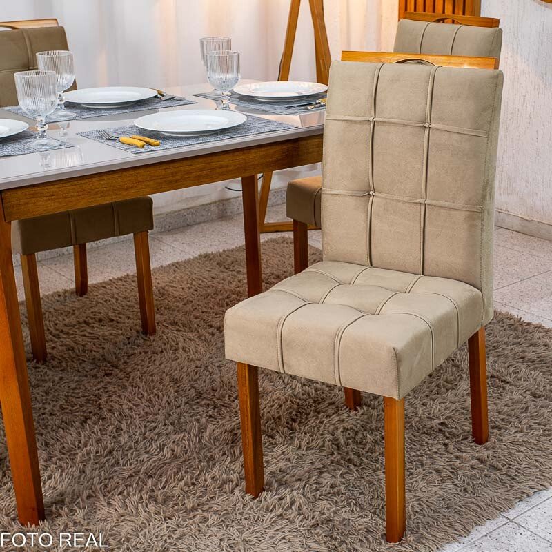 Mesa de Jantar Alegra Tampo Vidro Off 120×80 Madeira Maciça - JCM + 4 Cad. Londres Veludo Avelã Madeira Minas Plac - Entregue Montada - Imagem 6