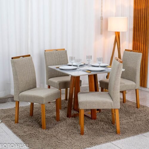 Mesa de Jantar Bali 90×90 Vidro Off/Base Madeira + 4 Cad. Atlanta Linho Bege Cru Madeira Minas Plac - Entregue Montada
