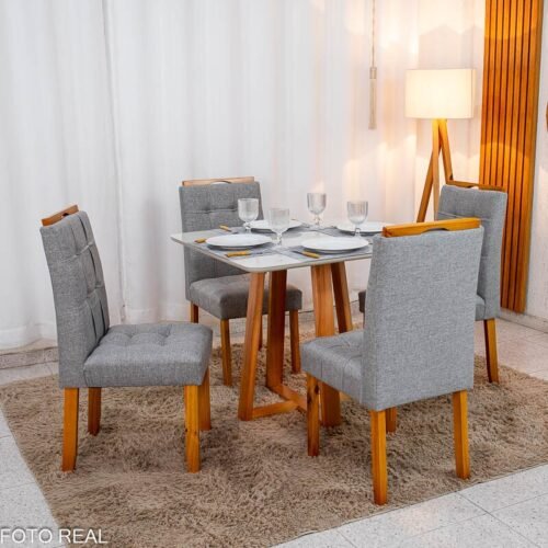 Mesa de Jantar Bali 90×90 Vidro Off/Base Madeira + 4 Cad. Londres Linho Cinza Madeira Minas Plac - Entregue Montada