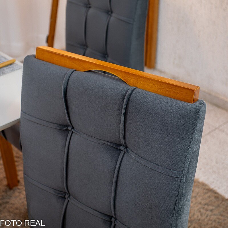 Mesa de Jantar Bali 90×90 Vidro Off/Base Madeira + 4 Cad. Londres Veludo Chumbo Madeira Minas Plac - Entregue Montada - Imagem 8