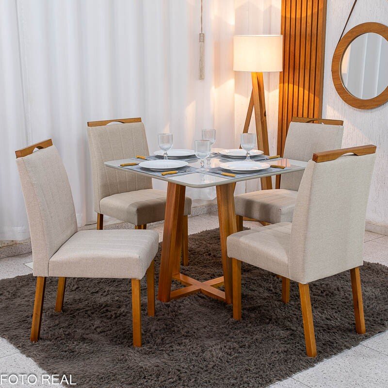 Mesa de Jantar Bali 90×90 Vidro Off/Base Madeira Minas Plac + 4 Cad. Isabela Linho Bege 01 Madeira KM Decor - Entregue Montada