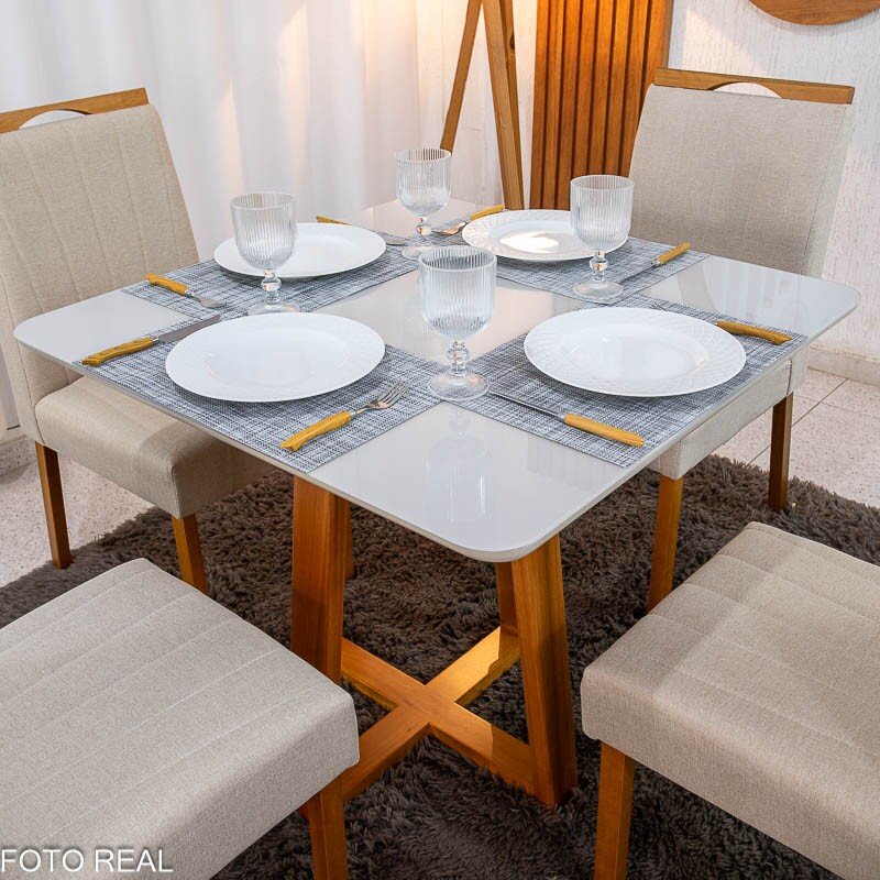 Mesa de Jantar Bali 90×90 Vidro Off/Base Madeira Minas Plac + 4 Cad. Isabela Linho Bege 01 Madeira KM Decor - Entregue Montada - Imagem 2