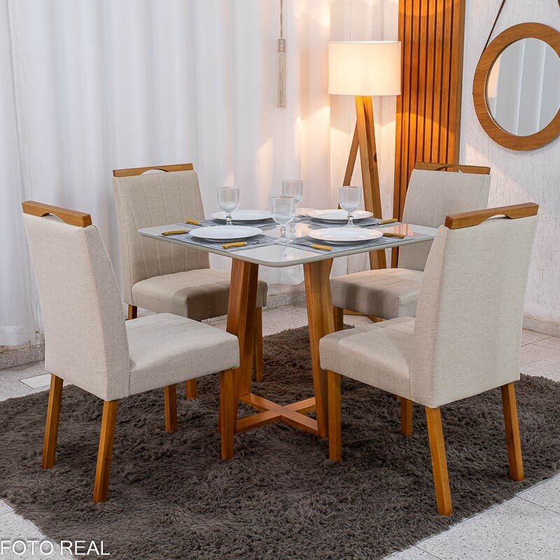 Mesa de Jantar Bali 90×90 Vidro Off/Base Madeira Minas Plac + 4 Cad. Isabela Linho Bege 01 Madeira KM Decor - Entregue Montada - Imagem 3
