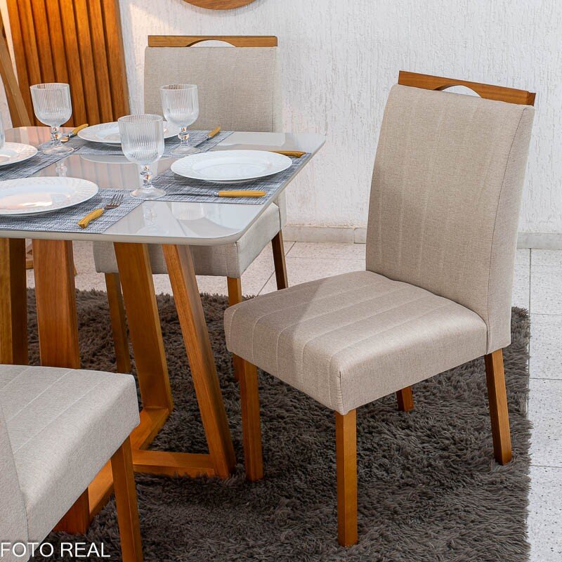 Mesa de Jantar Bali 90×90 Vidro Off/Base Madeira Minas Plac + 4 Cad. Isabela Linho Bege 01 Madeira KM Decor - Entregue Montada - Imagem 4