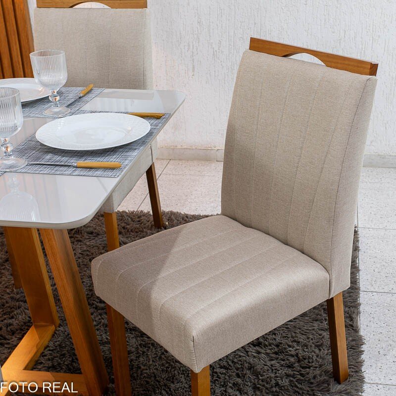 Mesa de Jantar Bali 90×90 Vidro Off/Base Madeira Minas Plac + 4 Cad. Isabela Linho Bege 01 Madeira KM Decor - Entregue Montada - Imagem 5
