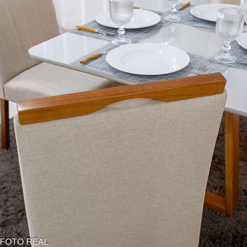 Mesa de Jantar Bali 90×90 Vidro Off/Base Madeira Minas Plac + 4 Cad. Isabela Linho Bege 01 Madeira KM Decor - Entregue Montada - Imagem 6