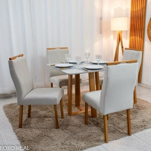 Mesa de Jantar Bali 90x90 Vidro Off/Base Madeira - Minas Plac + 4 Cad. Lisboa Veludo Bege 512 Madeira Art Assento - Entregue Montada