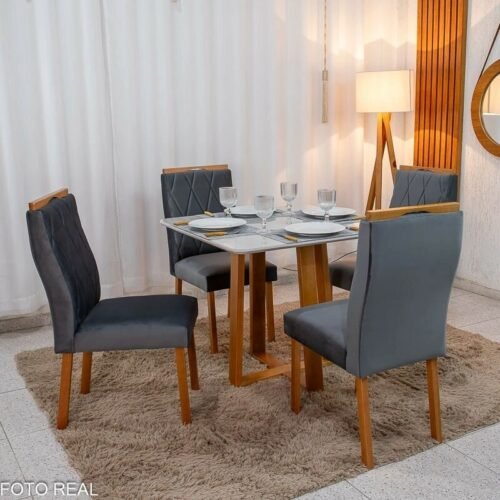 Mesa de Jantar Bali 90x90 Vidro Off/Base Madeira Minas Plac + 4 Cad. Lisboa Veludo Cinza 507 Madeira Art Assento - Entregue Montada