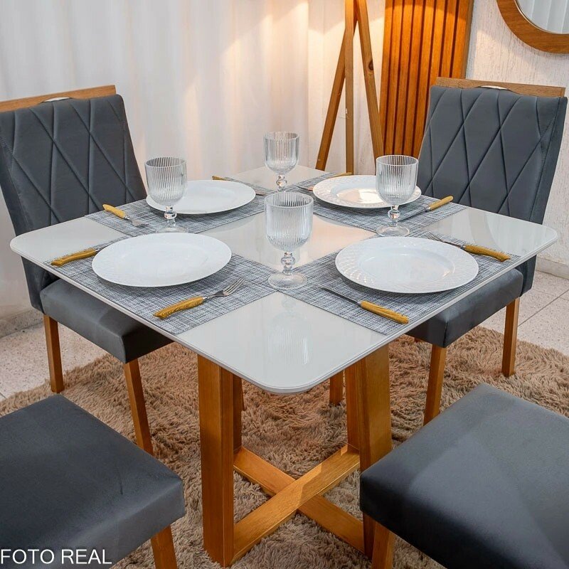 Mesa de Jantar Bali 90x90 Vidro Off/Base Madeira Minas Plac + 4 Cad. Lisboa Veludo Cinza 507 Madeira Art Assento - Entregue Montada - Imagem 2