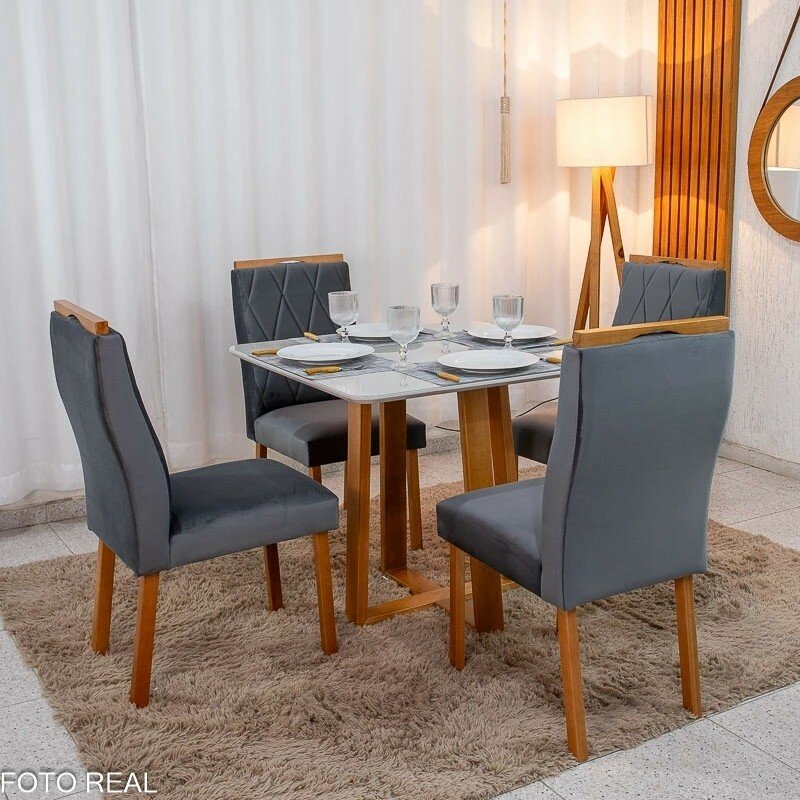 Mesa de Jantar Bali 90x90 Vidro Off/Base Madeira Minas Plac + 4 Cad. Lisboa Veludo Cinza 507 Madeira Art Assento - Entregue Montada - Imagem 3