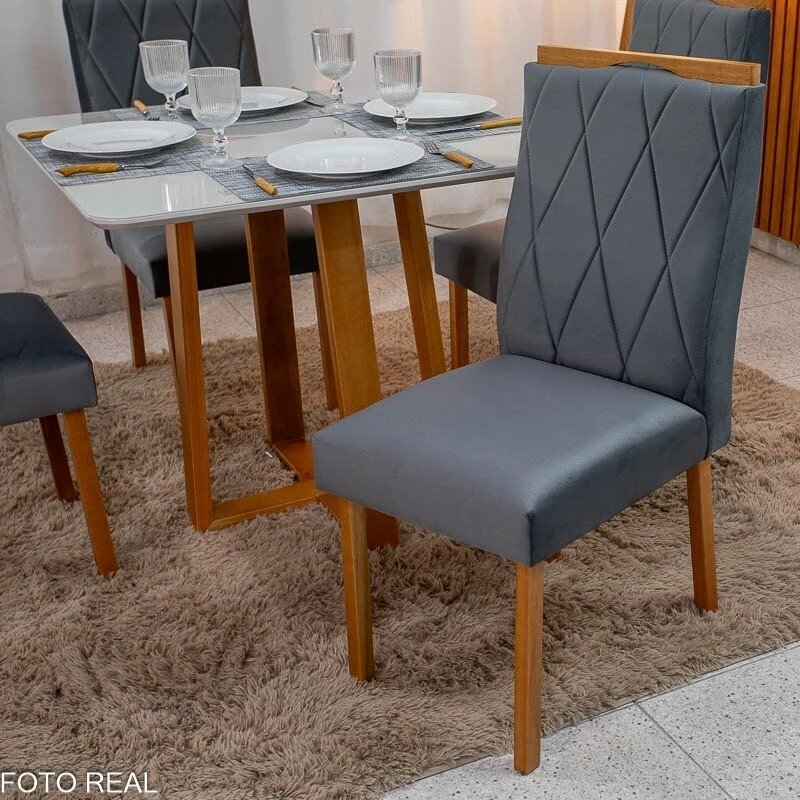 Mesa de Jantar Bali 90x90 Vidro Off/Base Madeira Minas Plac + 4 Cad. Lisboa Veludo Cinza 507 Madeira Art Assento - Entregue Montada - Imagem 4