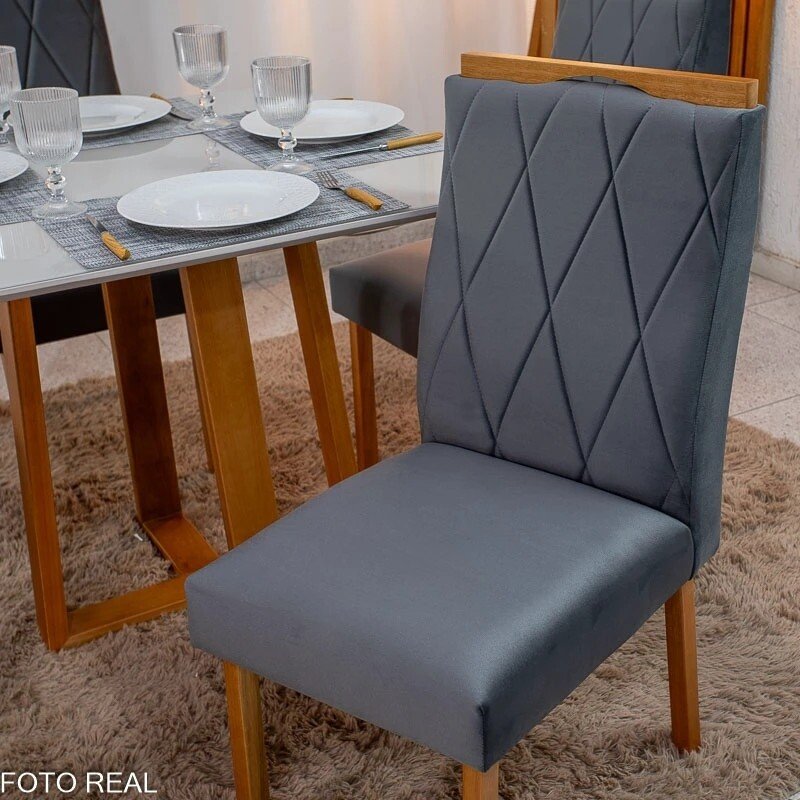 Mesa de Jantar Bali 90x90 Vidro Off/Base Madeira Minas Plac + 4 Cad. Lisboa Veludo Cinza 507 Madeira Art Assento - Entregue Montada - Imagem 5