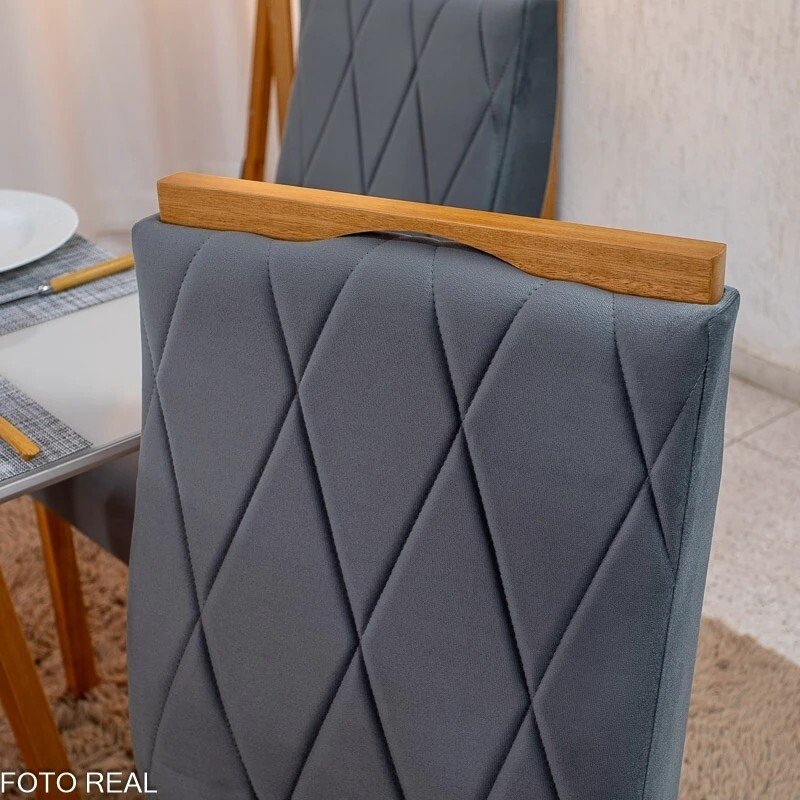 Mesa de Jantar Bali 90x90 Vidro Off/Base Madeira Minas Plac + 4 Cad. Lisboa Veludo Cinza 507 Madeira Art Assento - Entregue Montada - Imagem 6