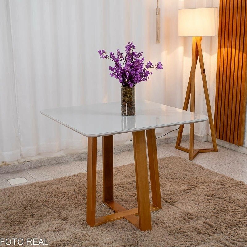 Mesa de Jantar Bali 90x90 Vidro Off/Base Madeira Minas Plac + 4 Cad. Lisboa Veludo Cinza 507 Madeira Art Assento - Entregue Montada - Imagem 7