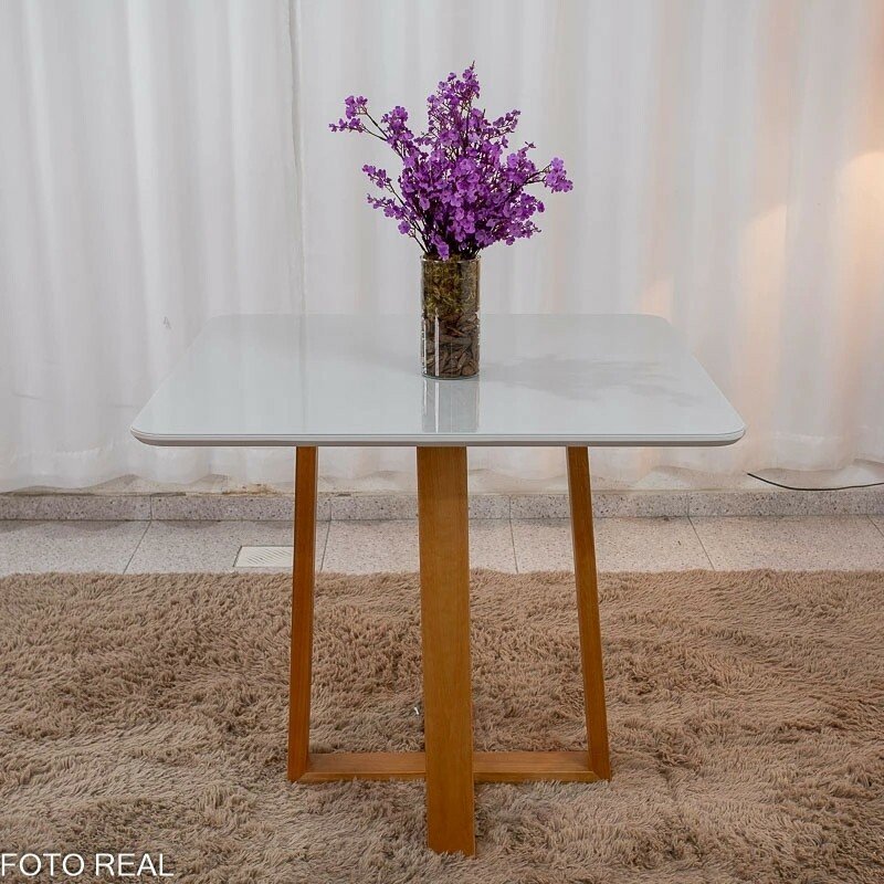 Mesa de Jantar Bali 90x90 Vidro Off/Base Madeira Minas Plac + 4 Cad. Lisboa Veludo Cinza 507 Madeira Art Assento - Entregue Montada - Imagem 8
