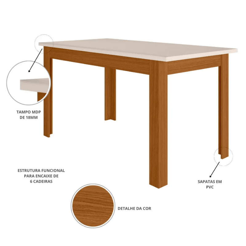 Mesa de Jantar Bellagio 150x80 Freijó UV/Tampo Off White + 6 Cad. Milano Freijó UV/Savana - Poliman - Imagem 2