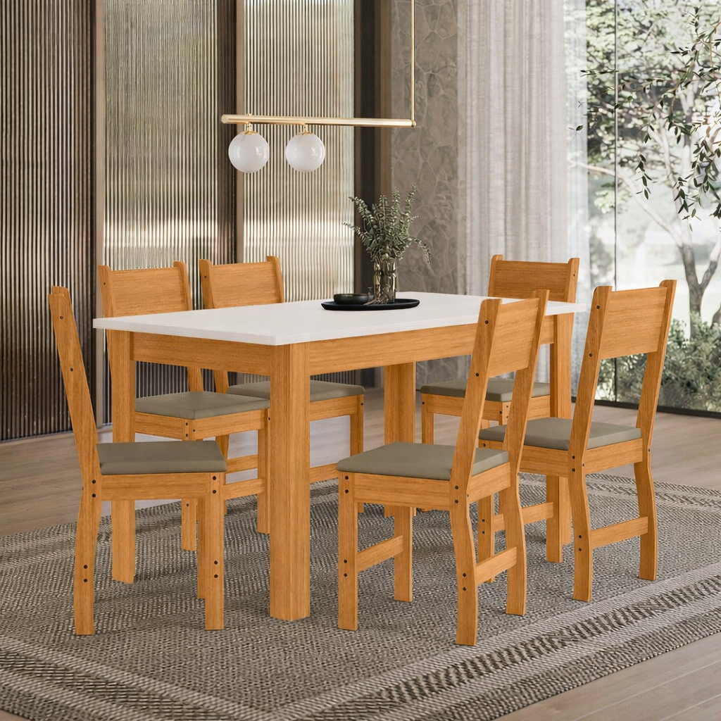 Mesa de Jantar Bellagio 150x80 Freijó UV/Tampo Off White + 6 Cad. Milano Freijó UV/Savana - Poliman