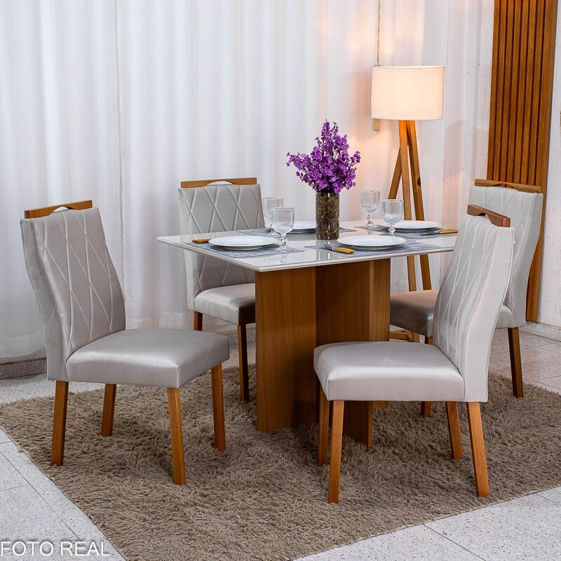 Mesa de Jantar Helo 120×90 Vidro Off/Base Freijó Poliman + 4 Cad. Lisboa Veludo Bege 512 Madeira - Art Assento