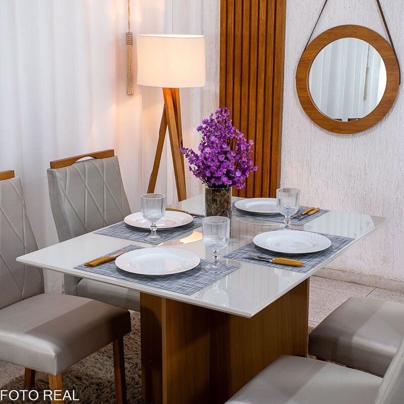 Mesa de Jantar Helo 120×90 Vidro Off/Base Freijó Poliman + 4 Cad. Lisboa Veludo Bege 512 Madeira - Art Assento - Imagem 2