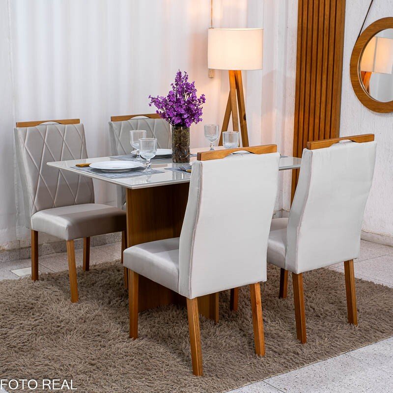 Mesa de Jantar Helo 120×90 Vidro Off/Base Freijó Poliman + 4 Cad. Lisboa Veludo Bege 512 Madeira - Art Assento - Imagem 3