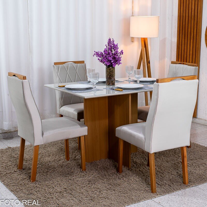 Mesa de Jantar Helo 120×90 Vidro Off/Base Freijó Poliman + 4 Cad. Lisboa Veludo Bege 512 Madeira - Art Assento - Imagem 4