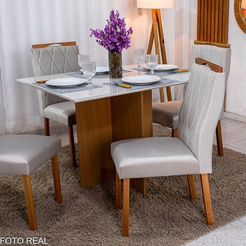 Mesa de Jantar Helo 120×90 Vidro Off/Base Freijó Poliman + 4 Cad. Lisboa Veludo Bege 512 Madeira - Art Assento - Imagem 5